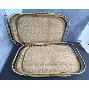 LOT‎ 4 RETRO BAMBOO/RATTAN SERVING TRAYS DINNER/BREAKFAST 1"X13"X19" TAIWAN VTG